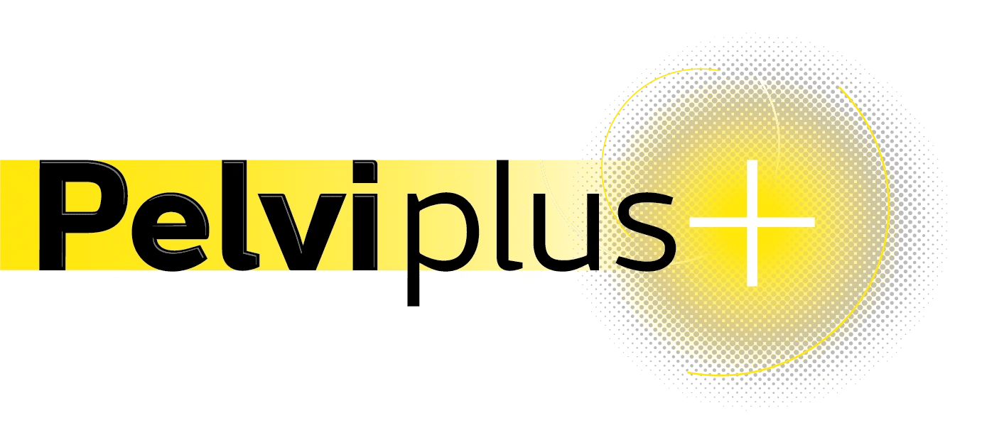 Logo Pelviplus cu fundal galben.